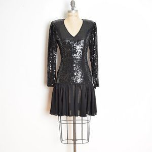 vintage 80s dress black sequin sheer chiffon drop waist prom party cocktail S